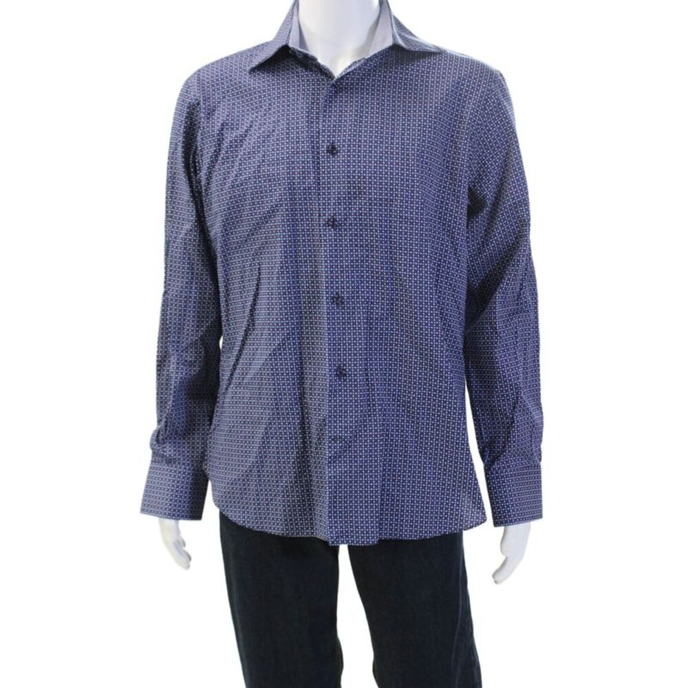 Eredi Pisano Mens Spread Dress Shirt Dark Blue Geometric Long Sleeve Size L